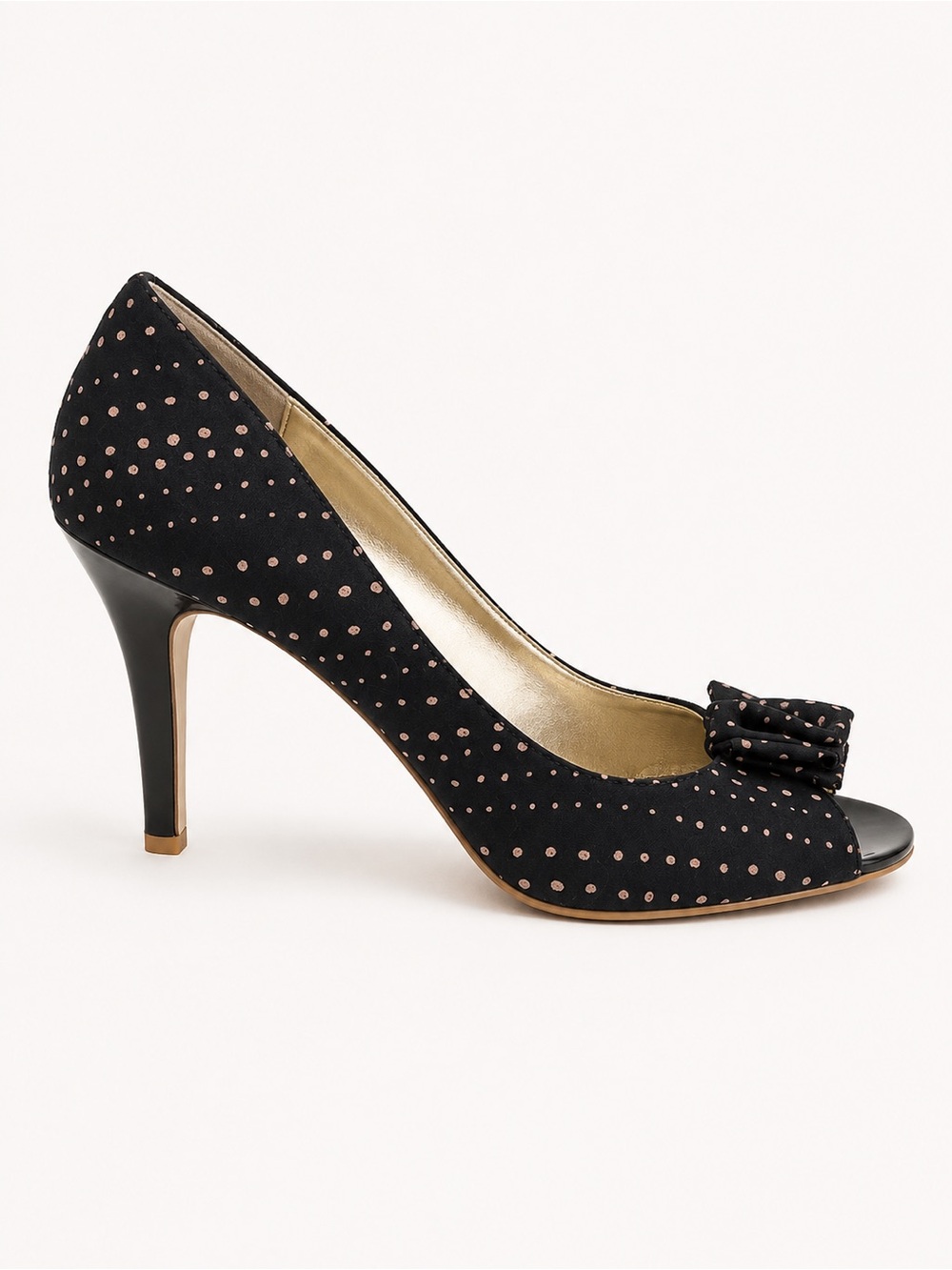 FIONI Black Pink Polka Dot Peep Toe Heels Bow Stiletto Pumps Retro Pinup | 9.5
